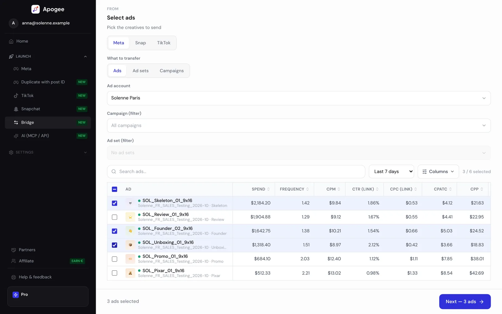 Apogee Bridge: Meta ads picked with their last 7 days of figures, before choosing the platform to send them to