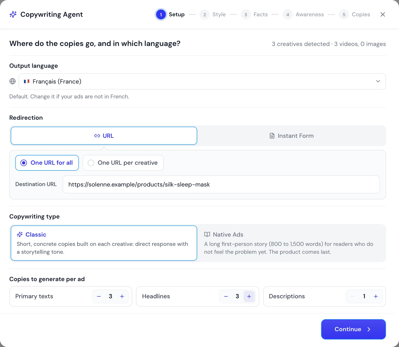 Réglages du Copywriting Agent d'Apogee : langue de sortie, URL de destination, nombre de primary texts, headlines et descriptions