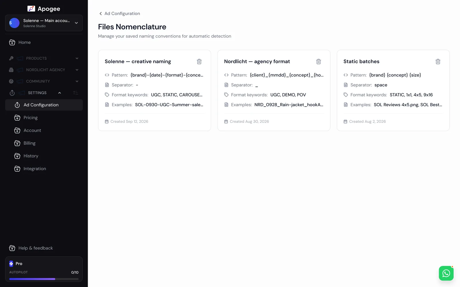 Écran Files Nomenclature d'Apogee : trois conventions enregistrées avec leur motif, leur séparateur, leurs mots-clés de format et des exemples